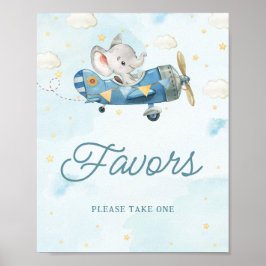 Póster Rótulo Cute Elephant Plane Adventure Blue Favors
