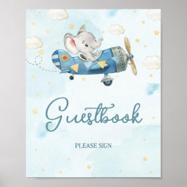 Póster Rótulo Cute Elephant Plane Adventure Blue Guestboo