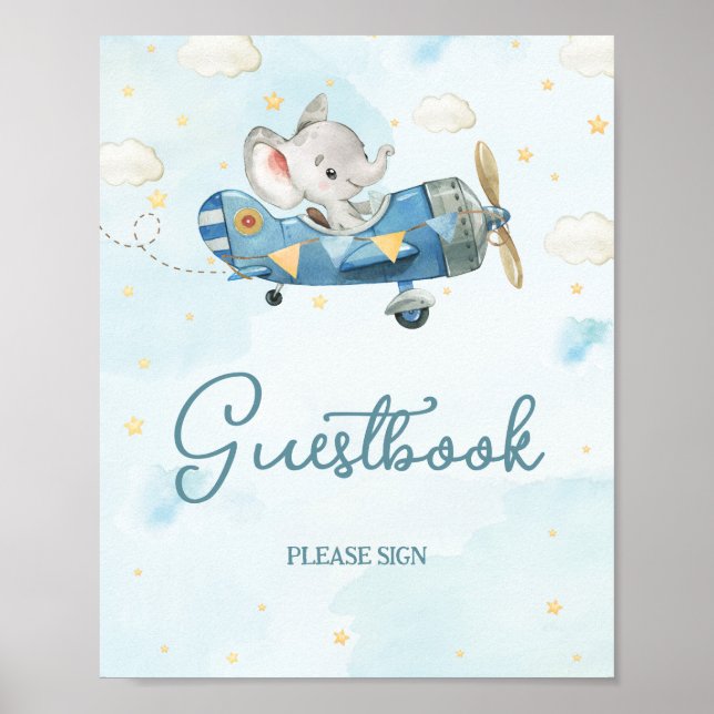 Póster Rótulo Cute Elephant Plane Adventure Blue Guestboo (Frente)