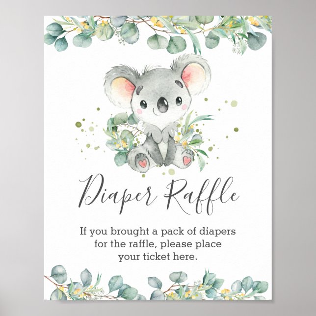 Póster Rótulo Cute Koala Greenery Baby Shower Diaper Raff (Frente)