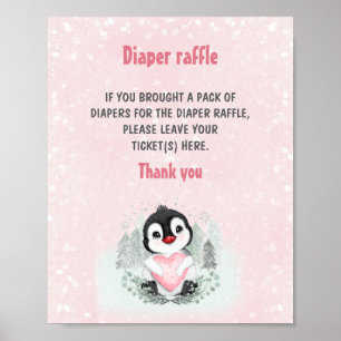 Póster Rótulo Cute Pingüino Rosa Baby Shower Diaper Raffl