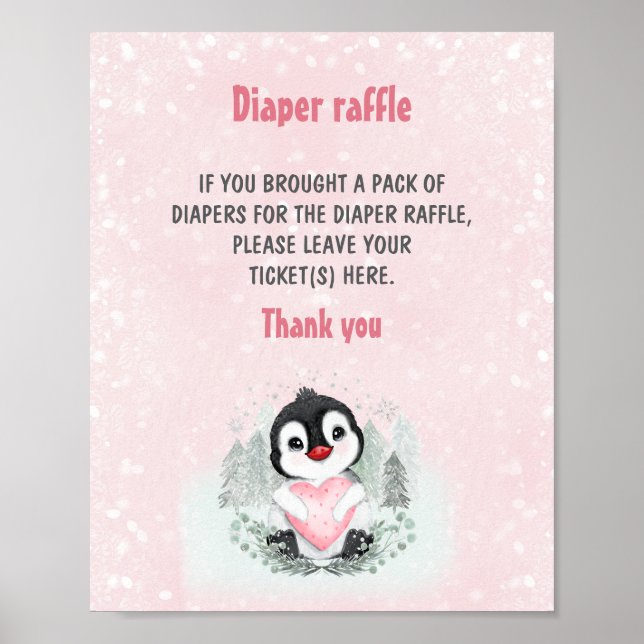 Póster Rótulo Cute Pingüino Rosa Baby Shower Diaper Raffl (Frente)