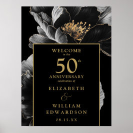 Póster Rótulo de 50 Aniversario de la Floral Negra y Oro