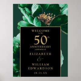 Póster Rótulo de 50 Aniversario de la Floral Verde Negra 