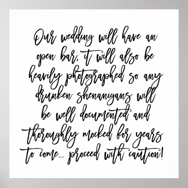 Póster Rótulo de advertencia de barra abierta con Boda co (Frente)