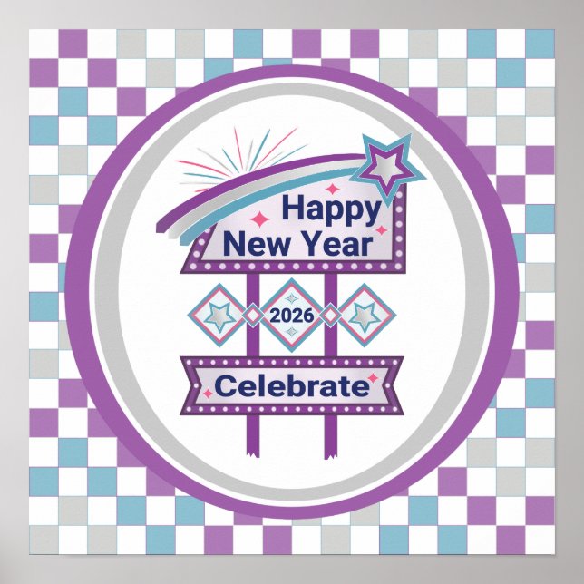 Póster Rótulo de Año Nuevo Retro Feliz - Celebrar Marquee (Frente)