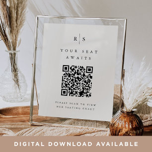 Póster Rótulo de asiento Boda de código QR monograma negr