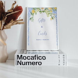 Póster Rótulo de azulejos azules y limoneros de boda rega