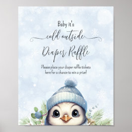 Póster Rótulo de Baby Shower azul pingüino de invierno