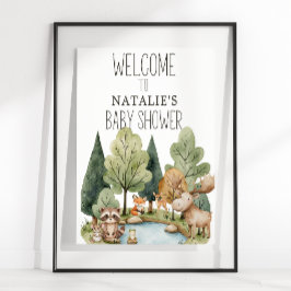 Póster Rótulo de Baby Shower Boho Woodland Animals