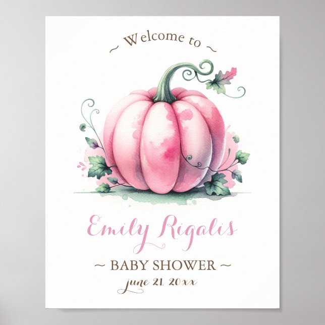 Póster Rótulo de Baby Shower de calabaza pequeña - rosa (Frente)