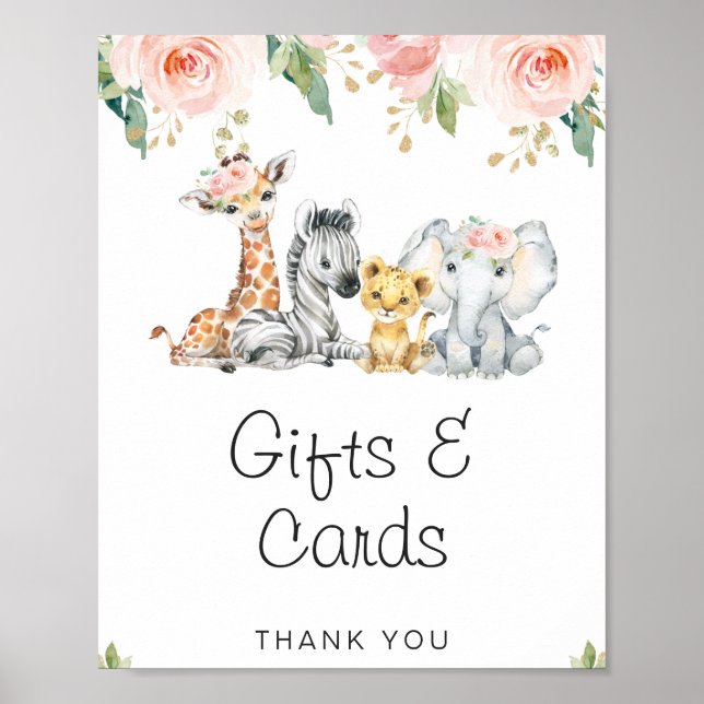 Póster Rótulo de Baby Shower de Floral de oro rosa Safari (Frente)