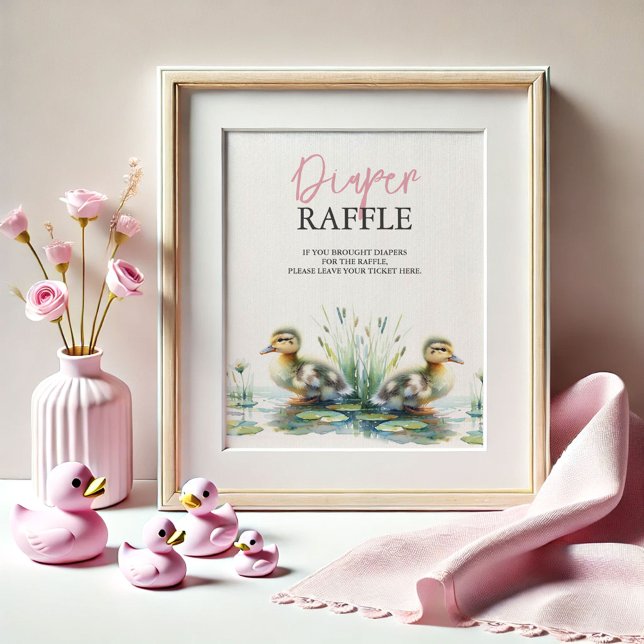 Póster Rótulo de Baby Shower Duck Diaper Raffle (baby shower posters pink diaper raffle ducklings by Do Tell A Belle)