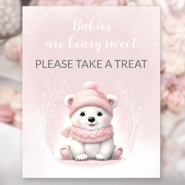 Póster Rótulo de Baby Shower Favor del Oso Polar Rosa chi (Girl Pink Polar Bear Baby Shower Favor Sign)