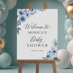 Póster Rótulo de Baby Shower floral azul y húmedo
