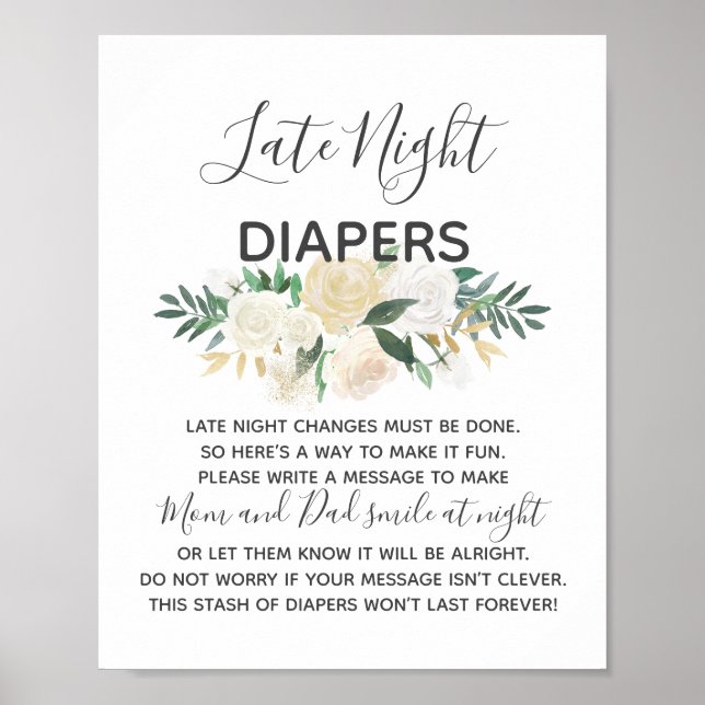 Póster Rótulo de Baby Shower Flowers Late Night Diapers (Frente)