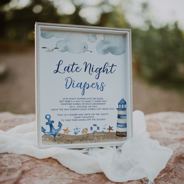 Póster Rótulo de Baby Shower Nautical Late Night Diapers (Subido por el creador)