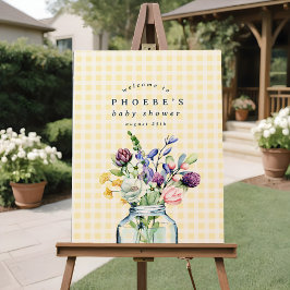 Póster Rótulo de Baby Shower Rustic Wildflower Mason Jar