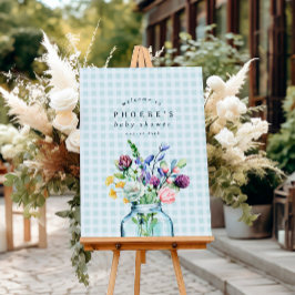 Póster Rótulo de Baby Shower Rustic Wildflower Mason Jar