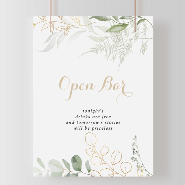 Póster Rótulo de bar abierto Boda Gold Green Foliage (Subido por el creador)
