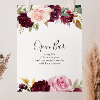Póster Rótulo de bar abierto con Boda botánico floral rús