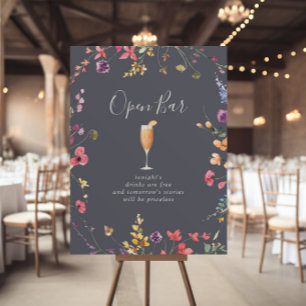 Póster Rótulo de bar abierto con Boda floral azul azul si
