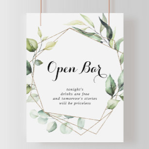 Póster Rótulo de bar abierto con Boda verde oro elegante 