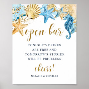 Póster Rótulo de bar abierto del Sea Blue Gold Boda