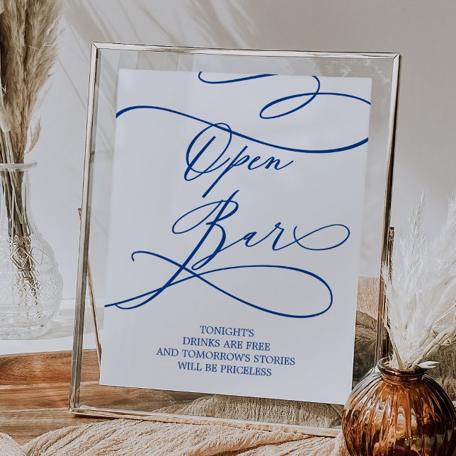 Póster Rótulo de bar abierto romántico Sapphire Blue Call (Romantic Sapphire Blue Calligraphy Open Bar Sign)