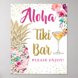 Póster Rótulo de bar Aloha Tropical Pineapple Floral Rosa