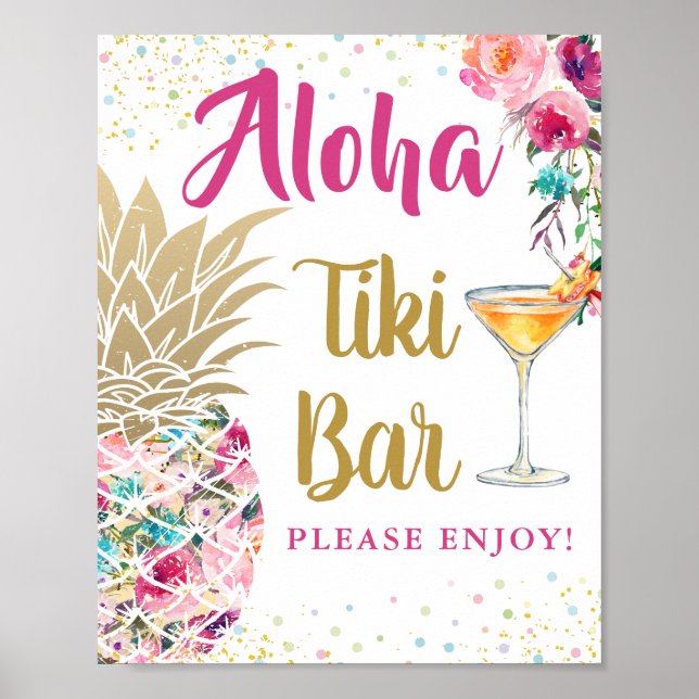 Póster Rótulo de bar Aloha Tropical Pineapple Floral Rosa (Frente)