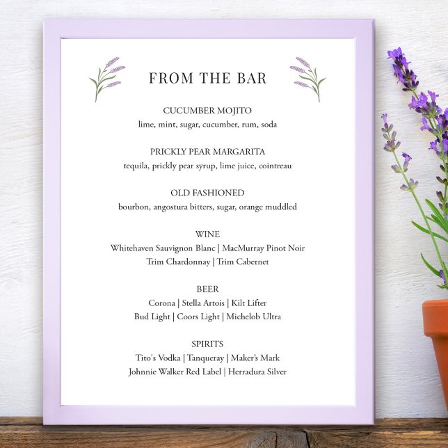 Póster Rótulo de bar Boda floral Lavender (Lavender Floral Wedding Bar Sign by Fiesta Valley Print)