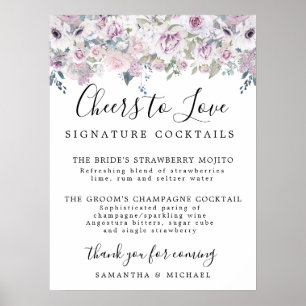 Póster Rótulo de bar Boda Purple Floral Signature Cocktai