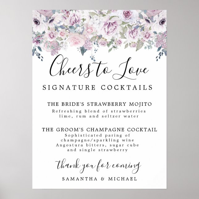 Póster Rótulo de bar Boda Purple Floral Signature Cocktai (Frente)