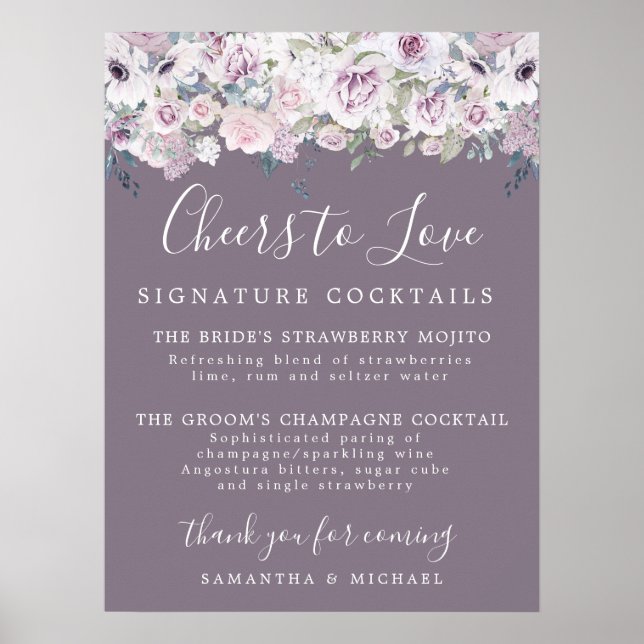 Póster Rótulo de bar Boda Purple Floral Signature Cocktai (Frente)
