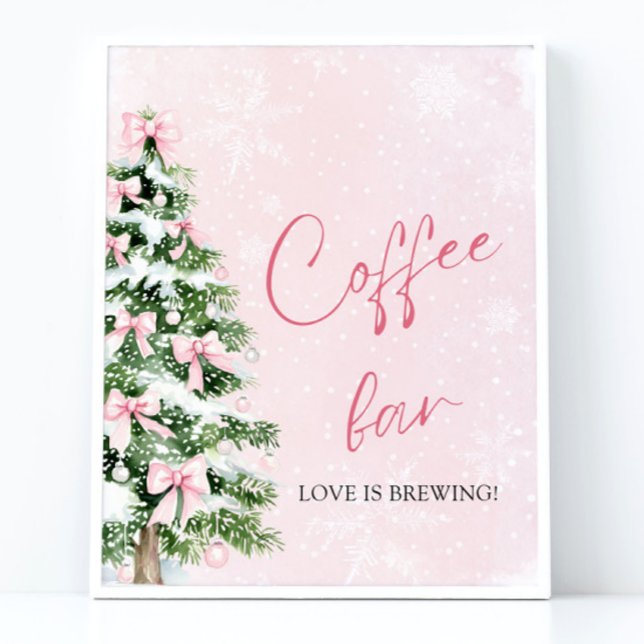 Póster Rótulo de bar cafetería con copas de nieve arbol d (Pink Bows Christmas Tree Snowflake Coffee Bar Sign)