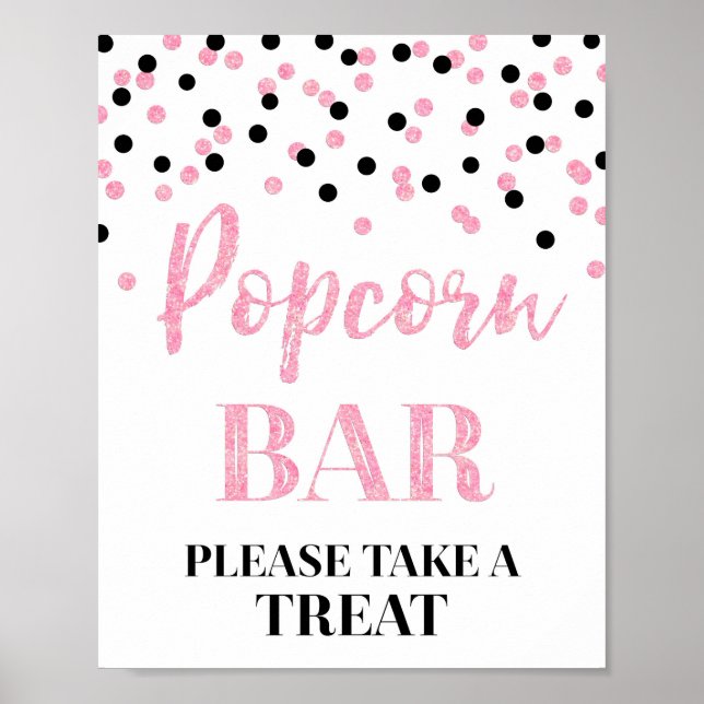 Póster Rótulo de bar de palomitas de confetti rosa negro (Frente)