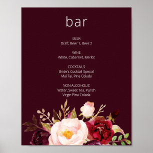 Póster Rótulo de bar floral Burgundy Marsala