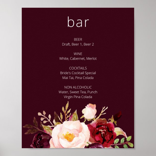 Póster Rótulo de bar floral Burgundy Marsala (Frente)