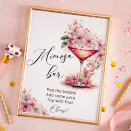 Póster Rótulo de bar Mimosa con flores rosadas de Petales