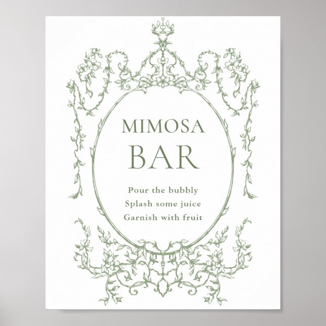 Póster Rótulo de bar Mimosa con flores verdes y sabores d (Frente)
