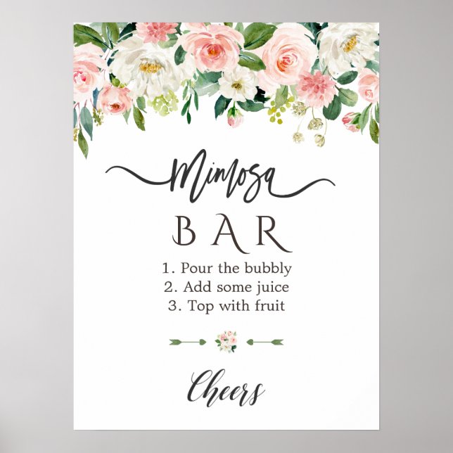 Póster Rótulo de bar Mimosa floral floral Rubor rosa con  (Frente)