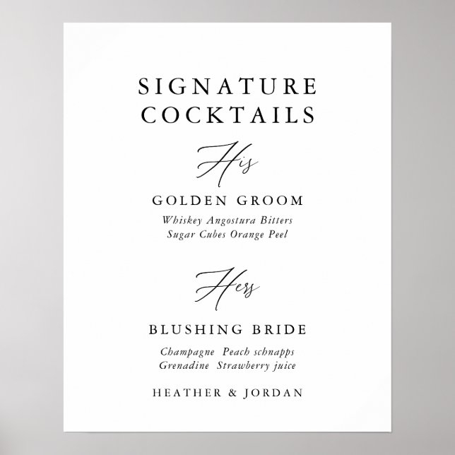 Póster Rótulo de barra de cócteles de caligrafía Boda Sig (Frente)