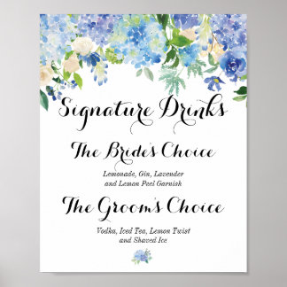 Póster Rótulo de bebida floral azul Hydrangea Signature