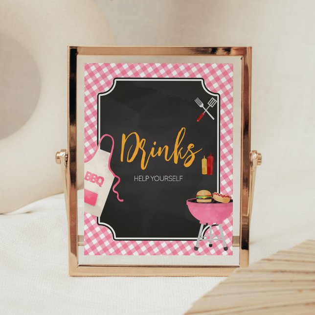 Póster Rótulo de bebidas Baby Shower de Pink Gingham BQ (Girl Baby-Q Baby Shower Drinks Sign)