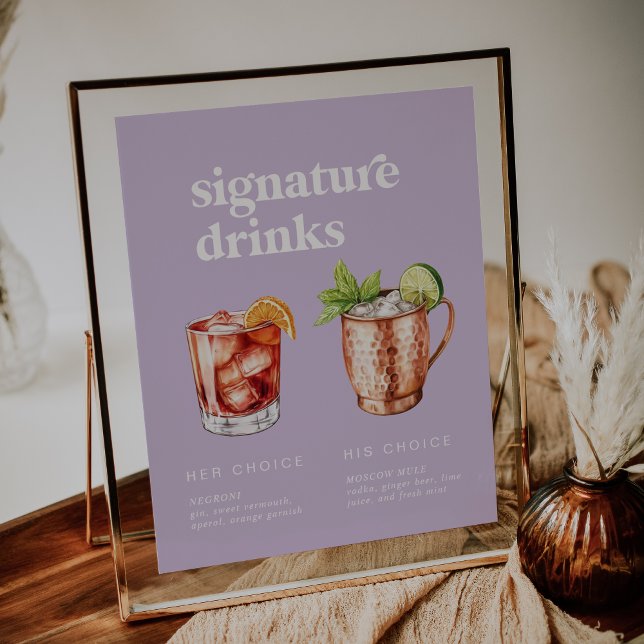 Póster Rótulo de bebidas con crema de lavanda de verano r (Retro Summer Lavender Signature Drinks Sign)