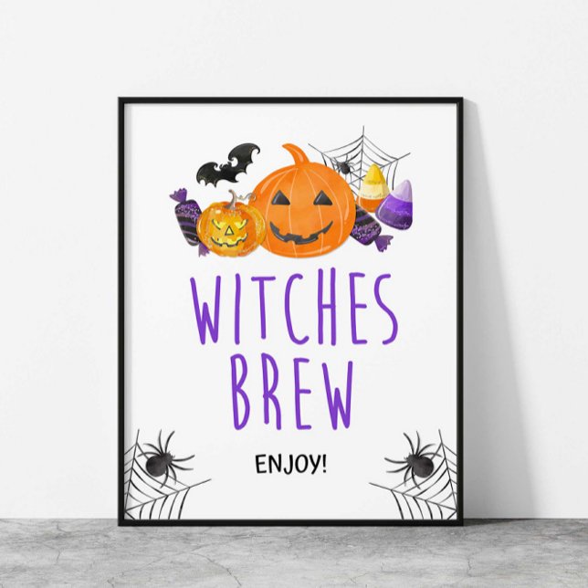 Póster Rótulo de bebidas de fiesta de Halloween de las br (Witches Brew Halloween Party Drink Sign, Purple and Orange Spooky Sign)