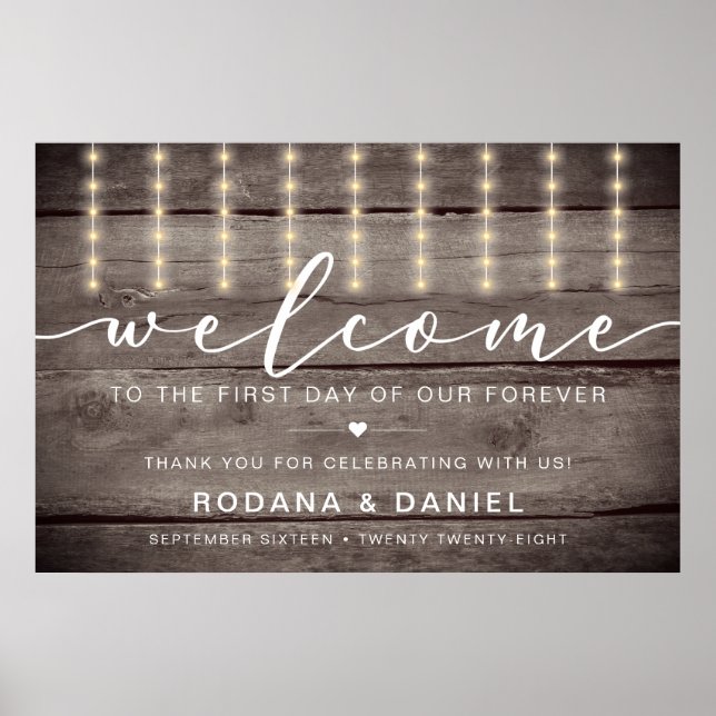 Póster Rótulo de bienvenida a Boda con luces rusticas (Frente)