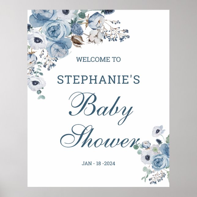Póster Rótulo de bienvenida Baby Shower de Blue Florals