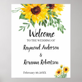 Póster Rótulo de bienvenida Boda Sunflowers Greenery